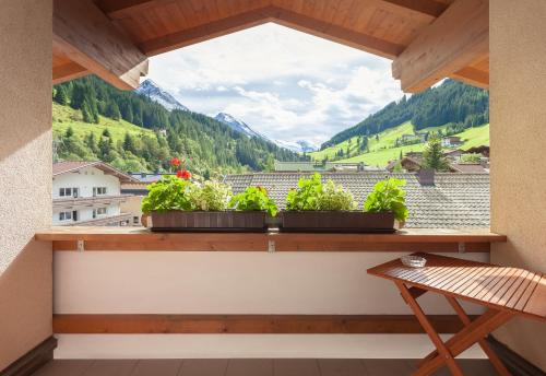 a window with three plants on a balcony with mountains at Amtshaus in Tux