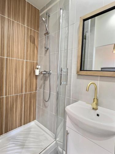 une salle de bain avec douche et lavabo dans l'établissement Studio Parc-Expo Vanves Paris 15ième, à Vanves