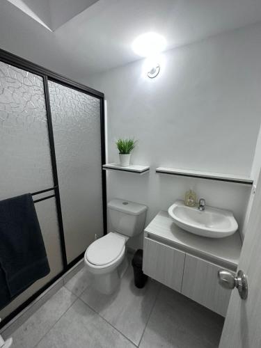 a white bathroom with a toilet and a sink at Apartamento Norte de Armenia Salida para Salento y Filandia in Armenia
