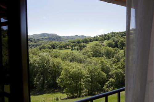 a view from a window of a field and trees at Relais Parco Del Subasio in Piano Delle Pieve