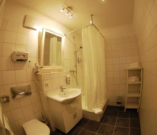 a bathroom with a sink and a shower and a toilet at Hotel Mohren Post in Wangen im Allgäu