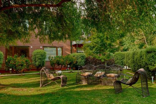 a group of chairs and tables in a yard at mirabosque new aparments 4 in Osorno