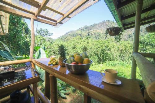 a bowl of fruit sitting on a table with a cup at Preciosa Cabaña de Montaña in Turrialba