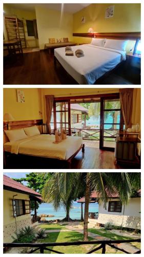 two pictures of a hotel room with two beds at Sea Scene Resort in Wok Tum