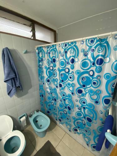 a bathroom with a shower curtain and a toilet at Habitación en Residencia Mendoza Ciudad in Mendoza