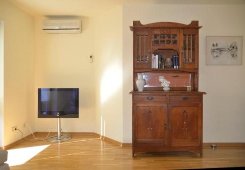 ein Wohnzimmer mit einem TV und einem Holzschrank in der Unterkunft Ferienwohnung Unter dem Schwalbennest in Wachenheim an der Weinstraße