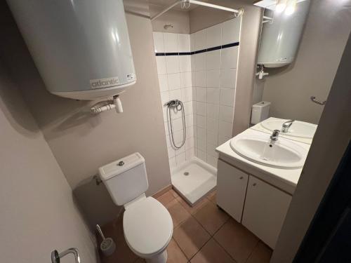 une petite salle de bain avec toilettes et lavabo dans l'établissement Le condo douillet d'Avignon, à Avignon