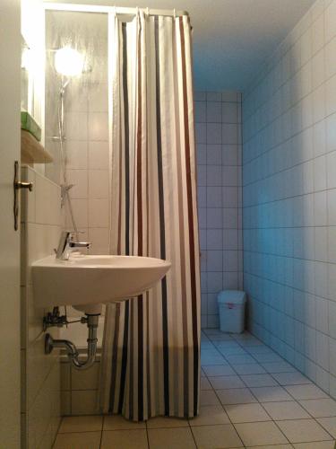 a bathroom with a sink and a shower curtain at Landhotel Possendorf in Weimar