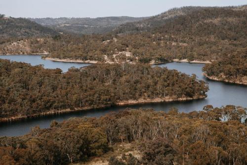 an aerial view of two reservoirs in a river at Eagle View Escape in Rydal