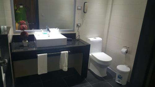 a bathroom with a sink and a toilet and a mirror at Savoy Hotel Boutique in Las Terrenas