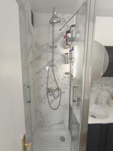 une salle de bain avec une douche avec des toilettes et un lavabo dans l'établissement charmant appartement neuf et cosy, à Bondy