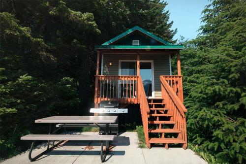 a tiny house with a picnic table and a picnic table in front at Cabin 1 Lynn View Lodge in Haines