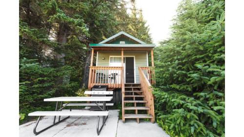 a tiny house in the woods with a table and benches at Cabin 1 Lynn View Lodge in Haines
