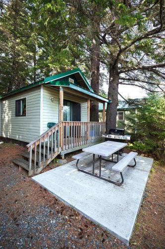 a house with a picnic table in front of it at Cabin 2 Lynn View Lodge in Haines