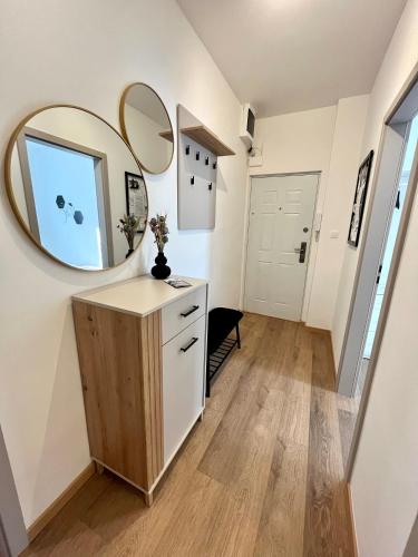 a bathroom with a vanity and a mirror at Falcon Apartman Tatabánya in Tatabánya