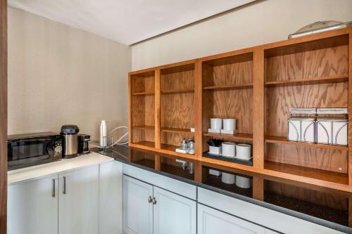 a kitchen with wooden cabinets and a counter top at MainStay Suites Springfield IL in Springfield