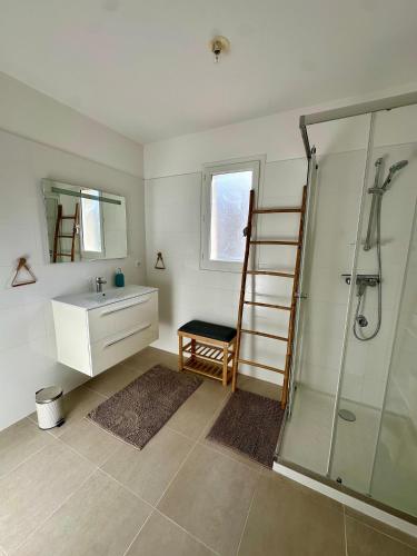 une salle de bain avec un lavabo et une douche dans l'établissement Appartement HARMONIE, à Saint-Florent
