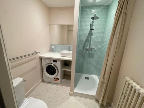 een badkamer met douche en wasmachine bij Ajania, Appt avec parking et petit jardin privé in Caen