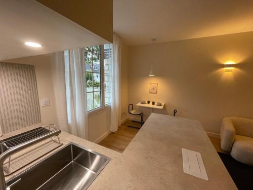 een keuken met een spoelbak en een aanrechtblad bij Ajania, Appt avec parking et petit jardin privé in Caen