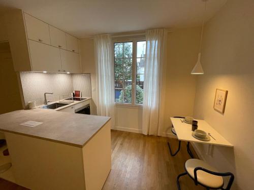 une cuisine avec un comptoir, une table et une fenêtre dans l'établissement Ajania, Appt avec parking et petit jardin privé, à Caen