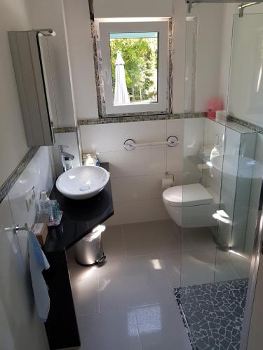 a bathroom with a sink and a toilet and a mirror at Business Apartment nähe Bonn 2 SZ in Königswinter
