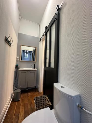 une salle de bain avec des toilettes blanches et un lavabo dans l'établissement Émeraude 1, à Vichy