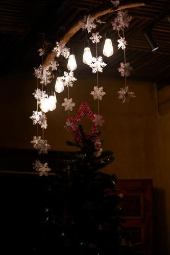 a christmas tree with lights hanging from a ceiling at Maison de Hill Home in Dồng Văn