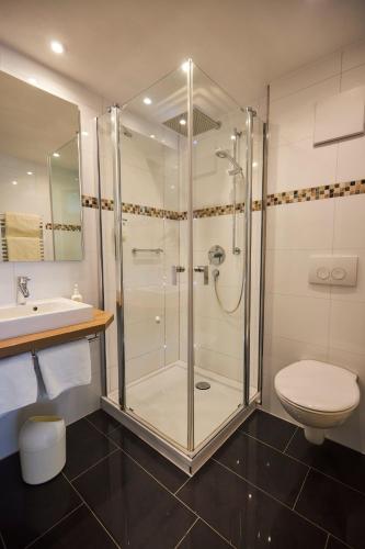 a bathroom with a shower and a toilet and a sink at Flair Hotel Landgasthof Roger in Löwenstein