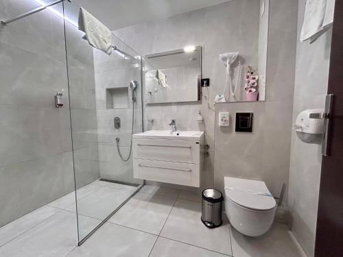 a bathroom with a shower and a toilet and a sink at Hotel Siesta in Užice