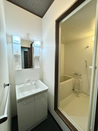a bathroom with a sink and a shower and a mirror at Hotel K Yuzawa 越後湯澤溫泉旅館 in Yuzawa