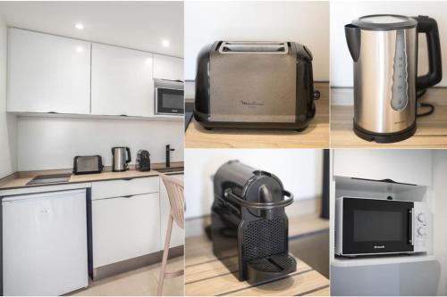 Un collage de fotos de una cocina con una tostadora y un microondas. en Tiny Kat Studio, en Le Vauclin