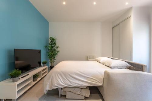 a bedroom with a large bed and a flat screen tv at L'appart du Général in Elbeuf