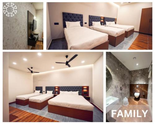 a collage of three pictures of a room with beds at THE CONTINENTAL INN & SUITES in Mysore