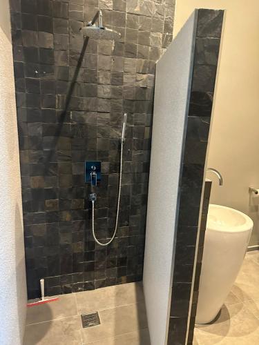 a bathroom with a shower with a sink and a toilet at Phuket 4-Bedrooms Seaview 884m2 Private XL Luxury Infinity Pool Villa in Ban Pa Khlok