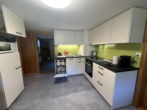a kitchen with white cabinets and a dishwasher at Apartment Ferienwohnung Gehrihorn by Interhome in Frutigen