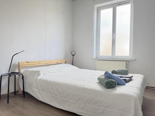 une chambre avec un grand lit blanc et une fenêtre dans l'établissement Maison cosy 3 chambres proche toutes commodités, à Croix