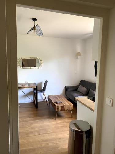 un salon avec un canapé et une table dans l'établissement T2 à Ambilly à 200m du tram 17, à Ambilly