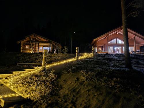 a log cabin with lights in front of it at night at Villa Kanger in Kuusamo