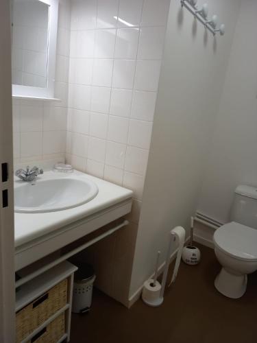 une salle de bain blanche avec un lavabo et des toilettes dans l'établissement Petit nid douillet , T1 avec cuisine indépendante, au calme, proche centre ville, à Luchon