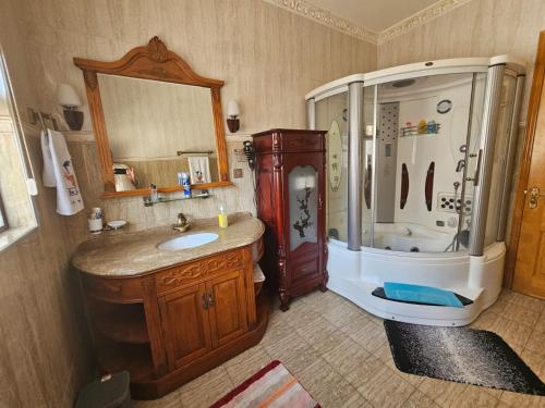 a bathroom with a large shower and a sink at Blue Rawal in Bain Boeuf