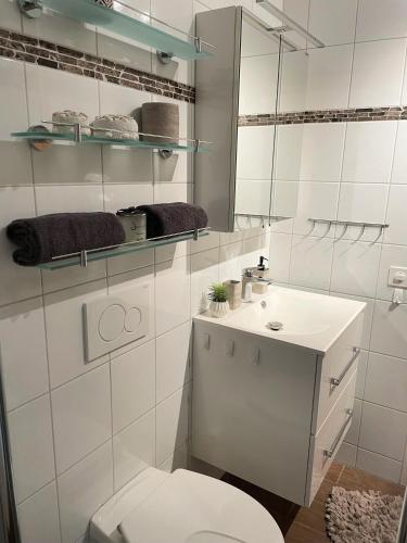 a white bathroom with a toilet and a sink at Dolce Vita by Fewotessin in Brissago