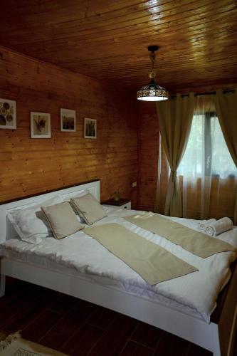 a bedroom with a large bed in a room with wooden walls at Micesti Chalet in Miceşti