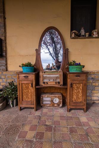 a mirror on top of a wooden dresser with two plants at Brkin salaš in Čenej