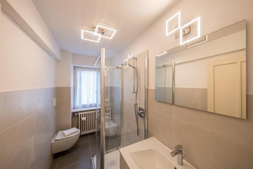 a bathroom with a shower and a toilet and a sink at Appartamento Dolomiti Dream 1 in Falcade