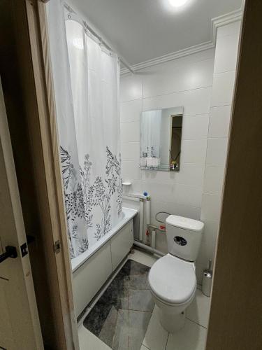 a bathroom with a toilet and a tub and a sink at Apartments Almaty Airport in Almaty