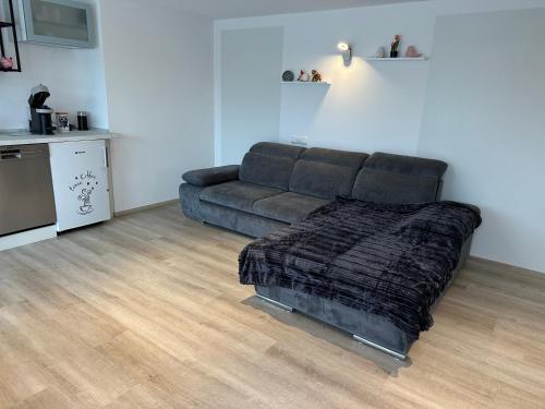 a living room with a couch and a kitchen at FerienWohnung Gästehaus Merzig-Besseringen NEUBAU in Merzig
