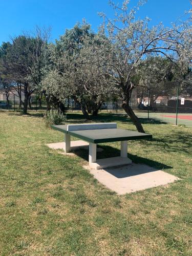 a picnic table in a park with trees in the background at Maison pour 6 entre Vignes et Mer in Marseillan