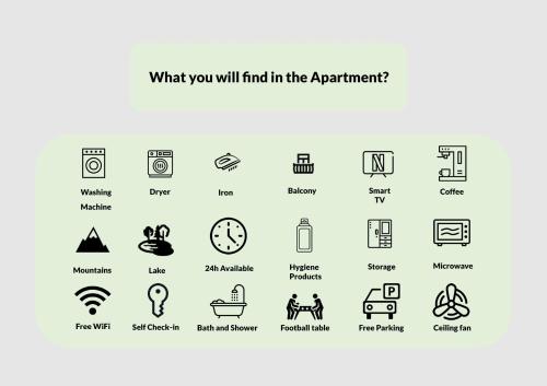 a set of line icons of what you will find in the apartment at 4 Seasons Apartment I 1-4 Personen I See, Bergsicht I 65'' Smart TV, Tischkicker und Badewanne I Parkplatz in Ingenbohl