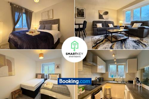 two pictures of a bedroom and a living room at 2 Bedroom Ap Close to Woking town with Free Parking in Horsell