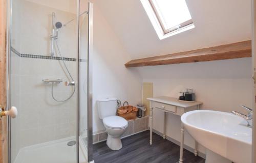 a bathroom with a shower and a toilet and a sink at Pet Friendly Home In Villiers-Fossard in Villiers-Fossard